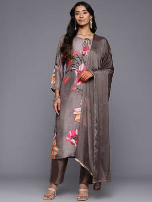 Floral Printed Beads & Stones Pure Silk Kurta With Trousers & Dupatta 1