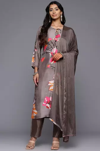 Floral Printed Beads & Stones Pure Silk Kurta With Trousers & Dupatta