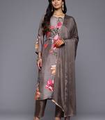 Floral Printed Beads & Stones Pure Silk Kurta With Trousers & Dupatta