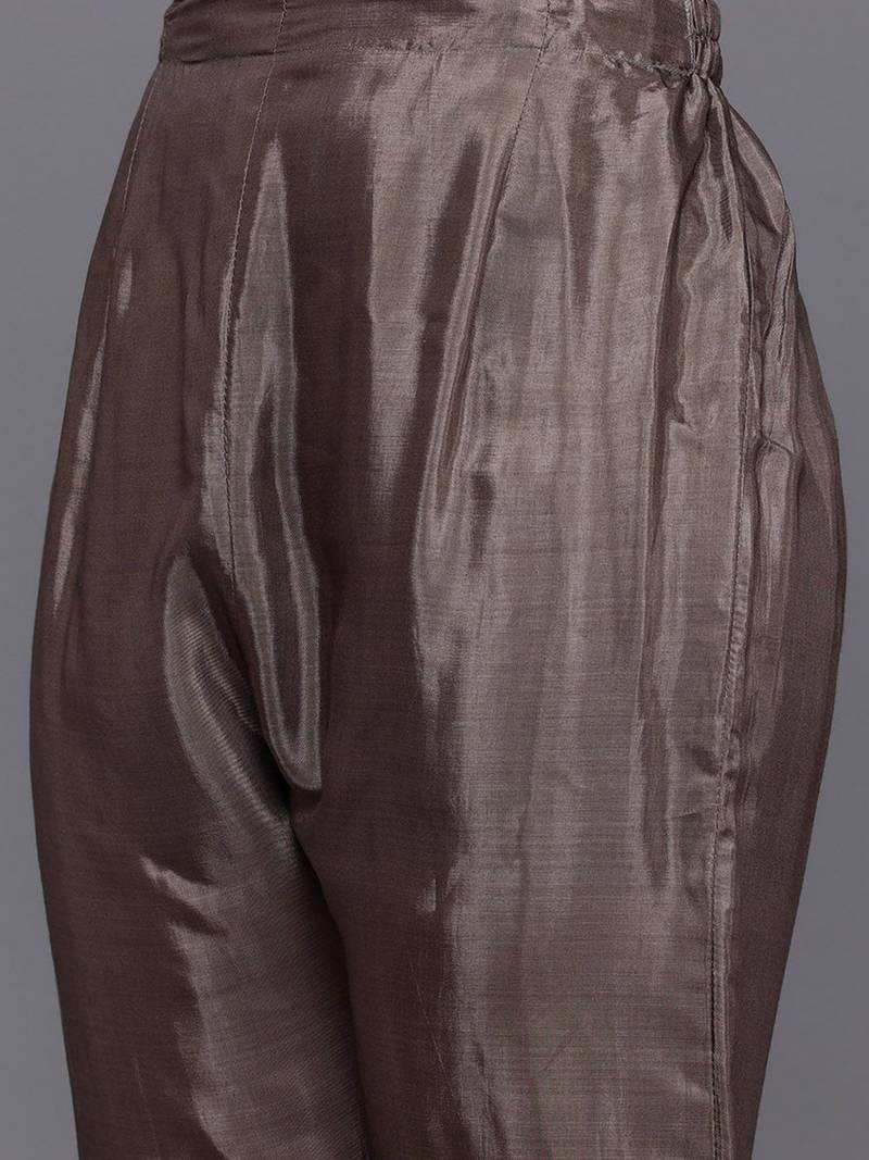 Floral Printed Beads & Stones Pure Silk Kurta With Trousers & Dupatta
