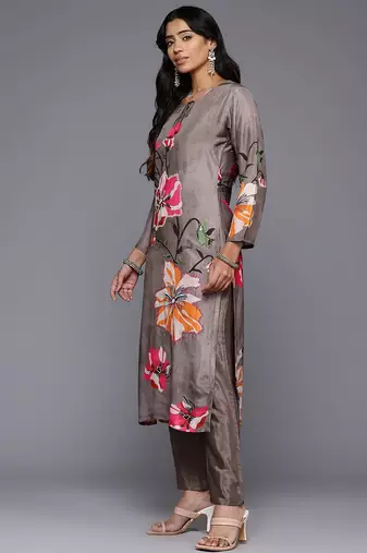 Floral Printed Beads & Stones Pure Silk Kurta With Trousers & Dupatta