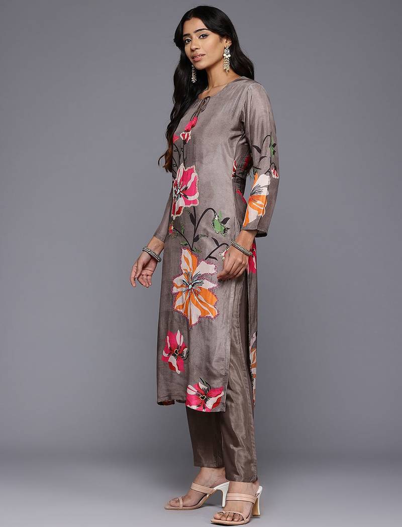 Floral Printed Beads & Stones Pure Silk Kurta With Trousers & Dupatta