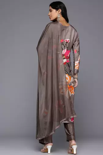 Floral Printed Beads & Stones Pure Silk Kurta With Trousers & Dupatta