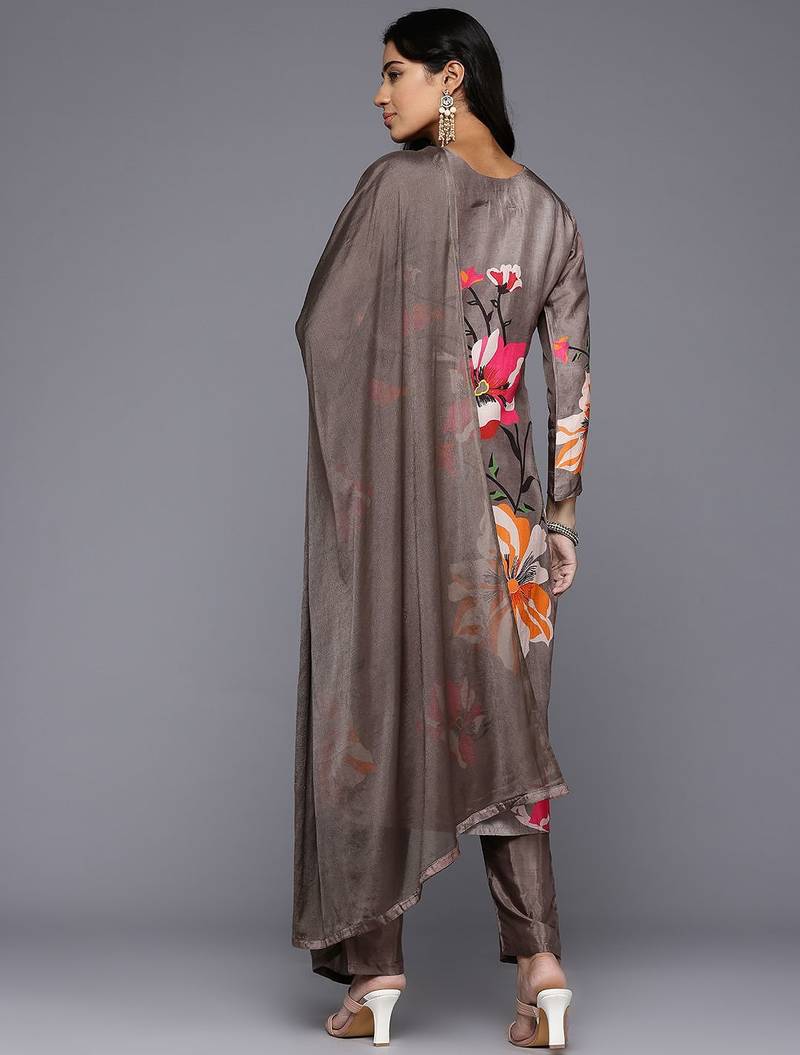 Floral Printed Beads & Stones Pure Silk Kurta With Trousers & Dupatta