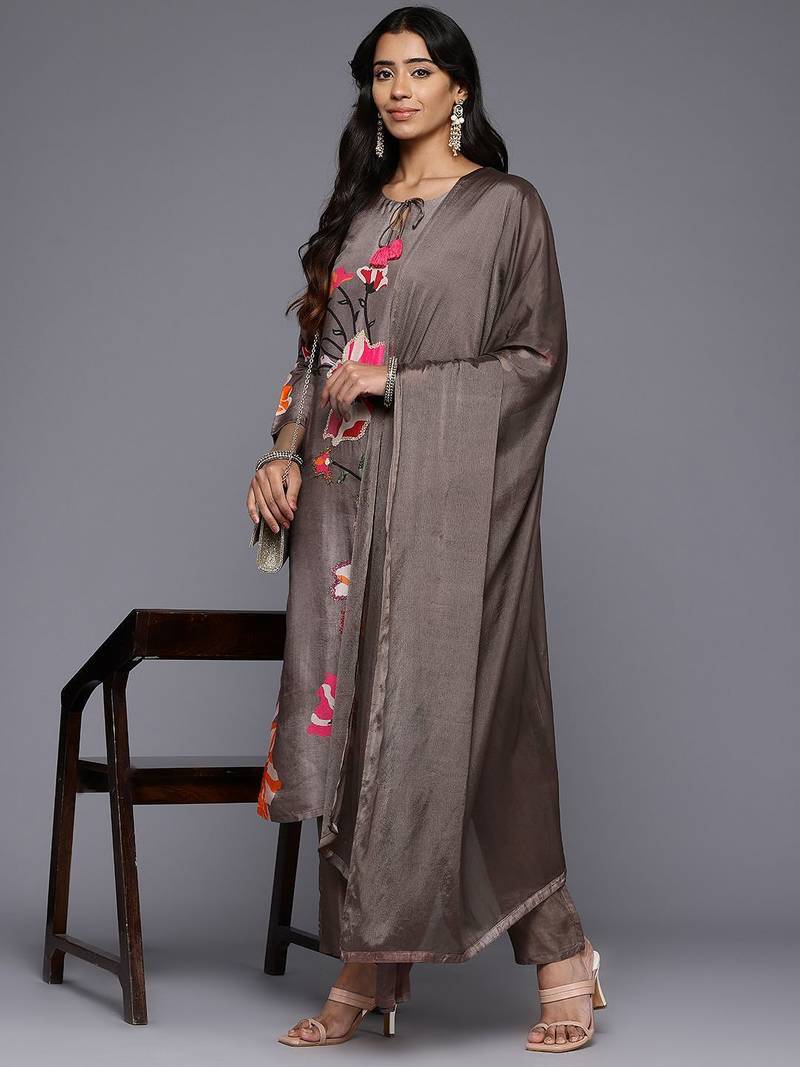 Floral Printed Beads & Stones Pure Silk Kurta With Trousers & Dupatta