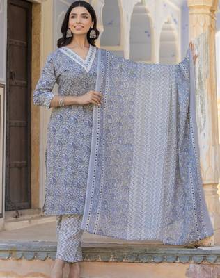 Paisley Printed Regular Thread Work Kurta with Trousers & With Dupatta 1