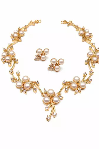 Pearl & cz floral necklace & earrings jewellery set, gold tone