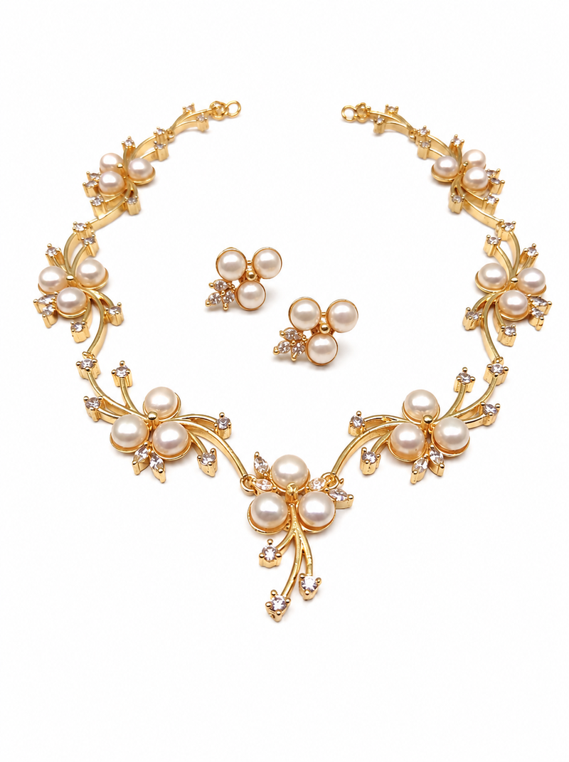Pearl & cz floral necklace & earrings jewellery set, gold tone