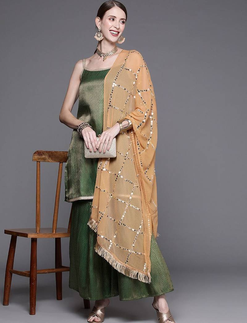 Geometric Woven Design Regular Kurta With Sharara & Dupatta