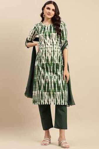 Green Shibori Printed Sequinned Pure Cotton Kurta With Trousers & Dupatta