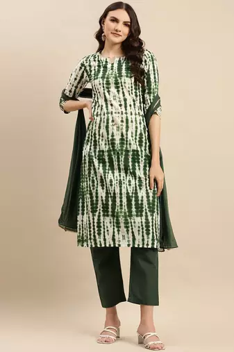 Green Shibori Printed Sequinned Pure Cotton Kurta With Trousers & Dupatta