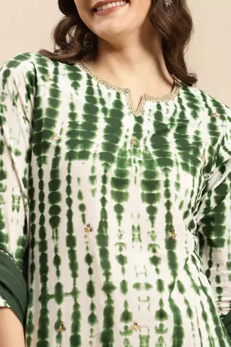 Green Shibori Printed Sequinned Pure Cotton Kurta With Trousers & Dupatta