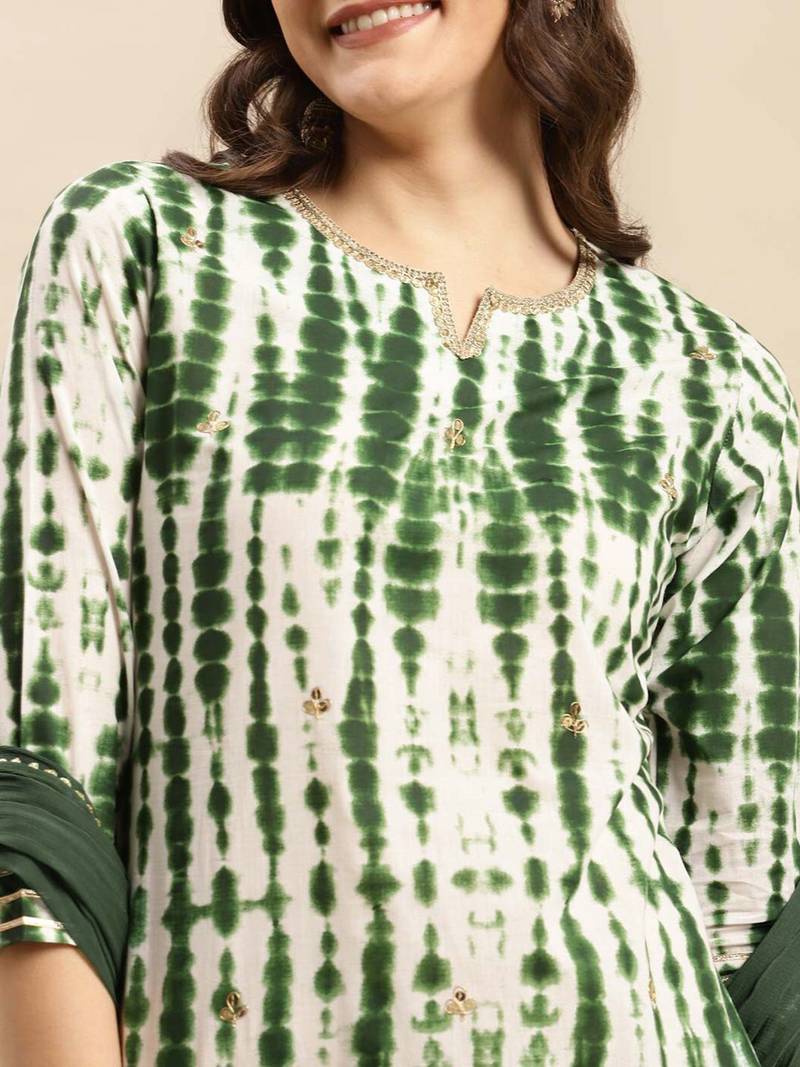 Green Shibori Printed Sequinned Pure Cotton Kurta With Trousers & Dupatta