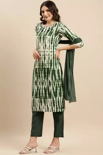 Green Shibori Printed Sequinned Pure Cotton Kurta With Trousers & Dupatta