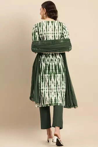 Green Shibori Printed Sequinned Pure Cotton Kurta With Trousers & Dupatta
