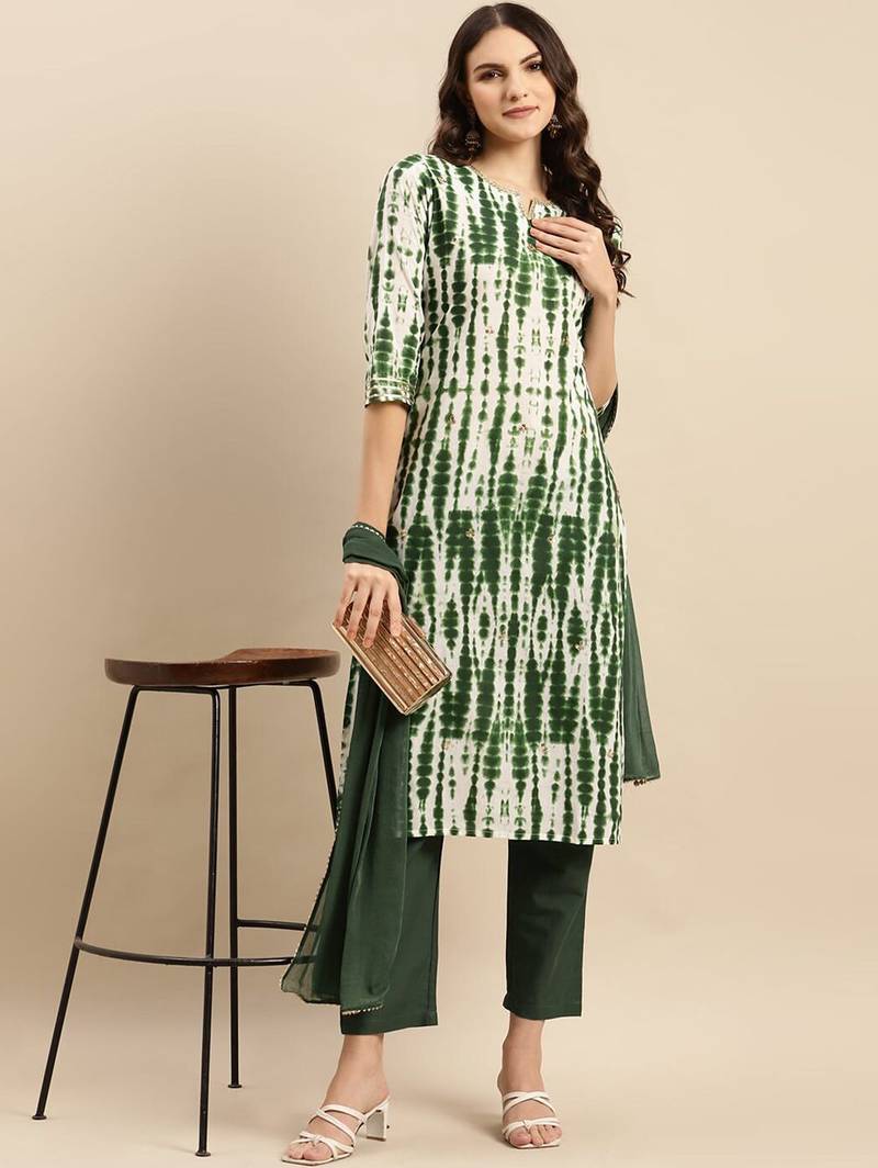 Green Shibori Printed Sequinned Pure Cotton Kurta With Trousers & Dupatta