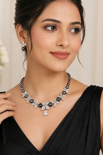 Black pearl & cubic zirconia necklace & earrings set floral cz design, pear drop pendant, matching earrings.