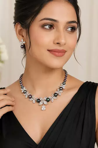 Black pearl & cubic zirconia necklace & earrings set floral cz design, pear drop pendant, matching earrings.