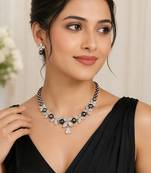 Black pearl & cubic zirconia necklace & earrings set floral cz design, pear drop pendant, matching earrings.