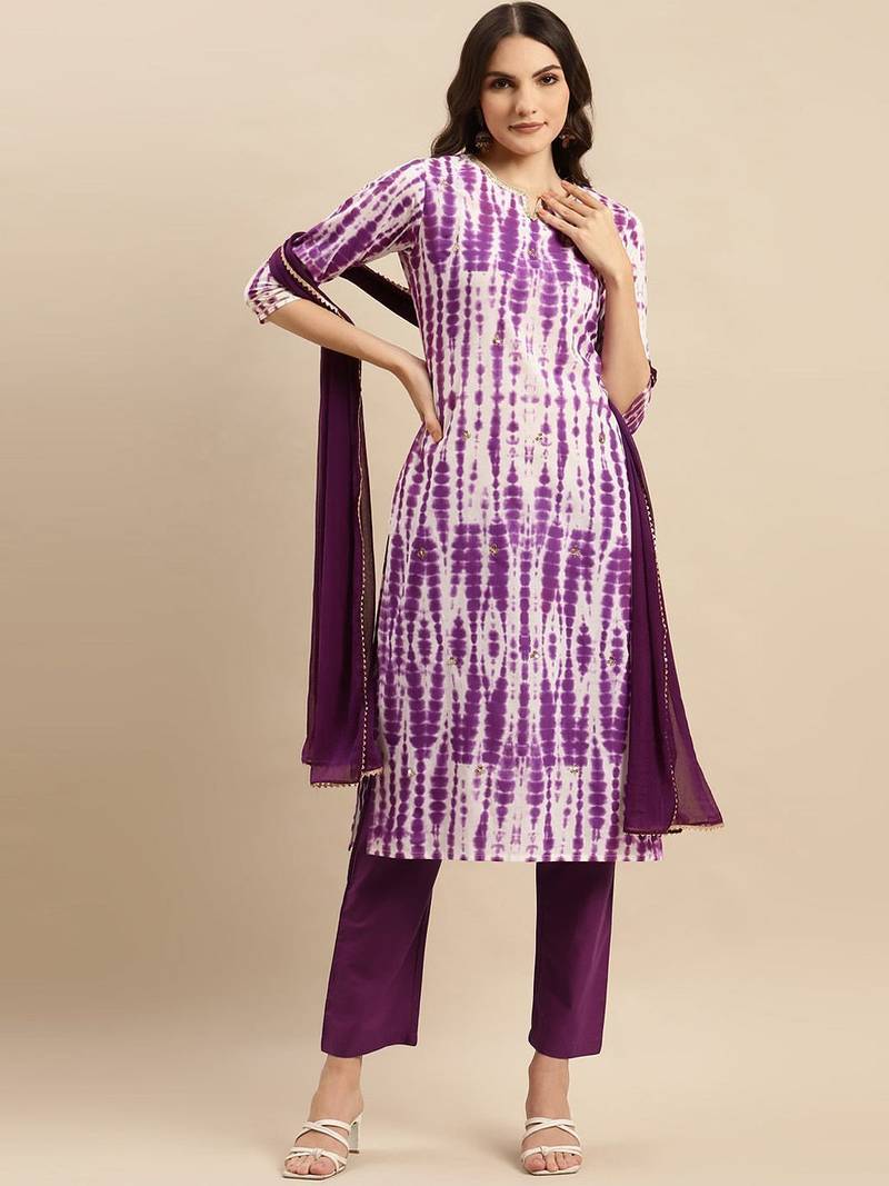 Shibori Dyed Regular Sequinned Pure Cotton Kurta With Trousers & Dupatta