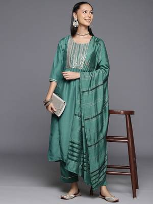 Ethnic Motifs Yoke Design Zari Sequined Kurta with Trousers & Dupatta 1