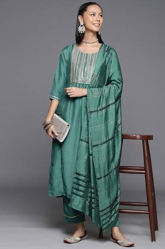 Ethnic Motifs Yoke Design Zari Sequined Kurta with Trousers & Dupatta