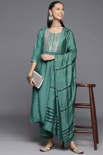 Ethnic Motifs Yoke Design Zari Sequined Kurta with Trousers & Dupatta