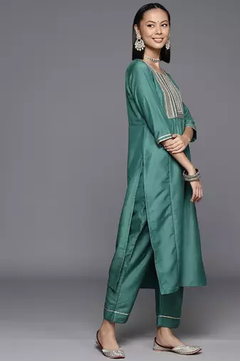 Ethnic Motifs Yoke Design Zari Sequined Kurta with Trousers & Dupatta