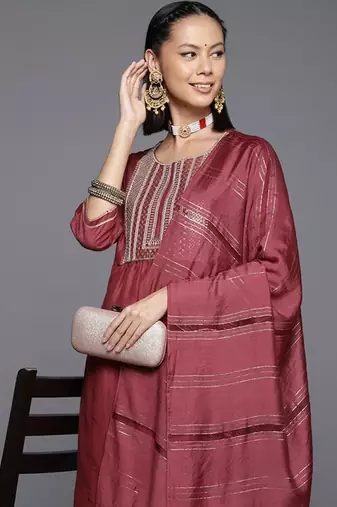 Ethnic Motifs Yoke Design Zari Sequined Kurta with Trousers & Dupatta