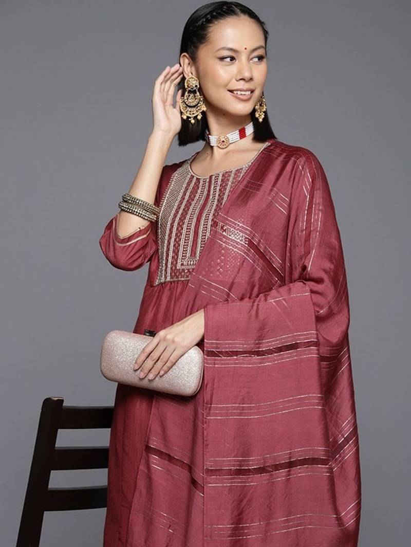 Ethnic Motifs Yoke Design Zari Sequined Kurta with Trousers & Dupatta