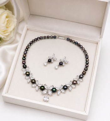 Black pearl & cubic zirconia necklace & earrings set floral cz design, pear drop pendant, matching earrings. 2