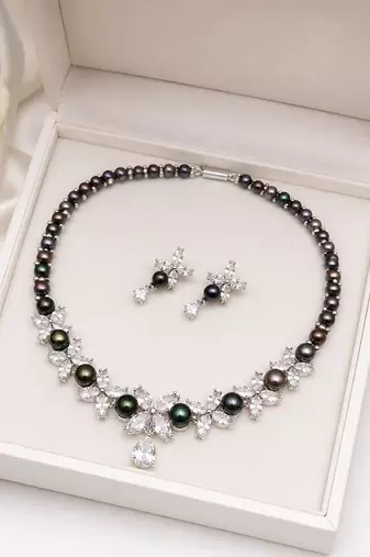 Black pearl & cubic zirconia necklace & earrings set floral cz design, pear drop pendant, matching earrings.