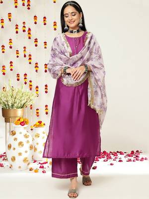 Round Neck Regular Kurta with Trousers & With Dupatta 1