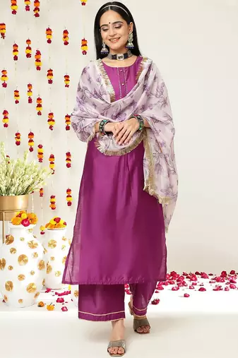 Round Neck Regular Kurta with Trousers & With Dupatta