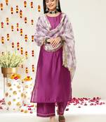 Round Neck Regular Kurta with Trousers & With Dupatta