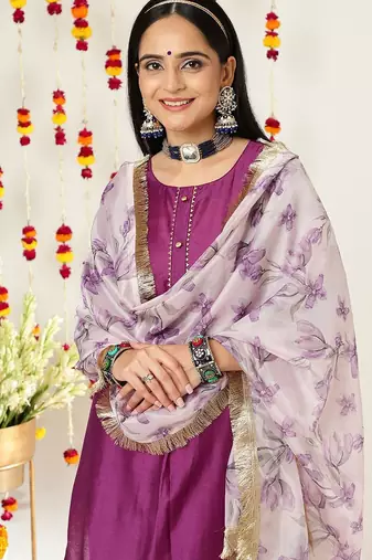 Round Neck Regular Kurta with Trousers & With Dupatta