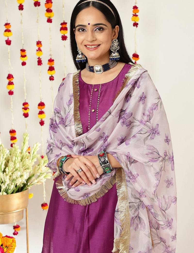 Round Neck Regular Kurta with Trousers & With Dupatta
