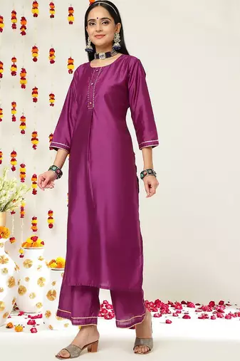 Round Neck Regular Kurta with Trousers & With Dupatta