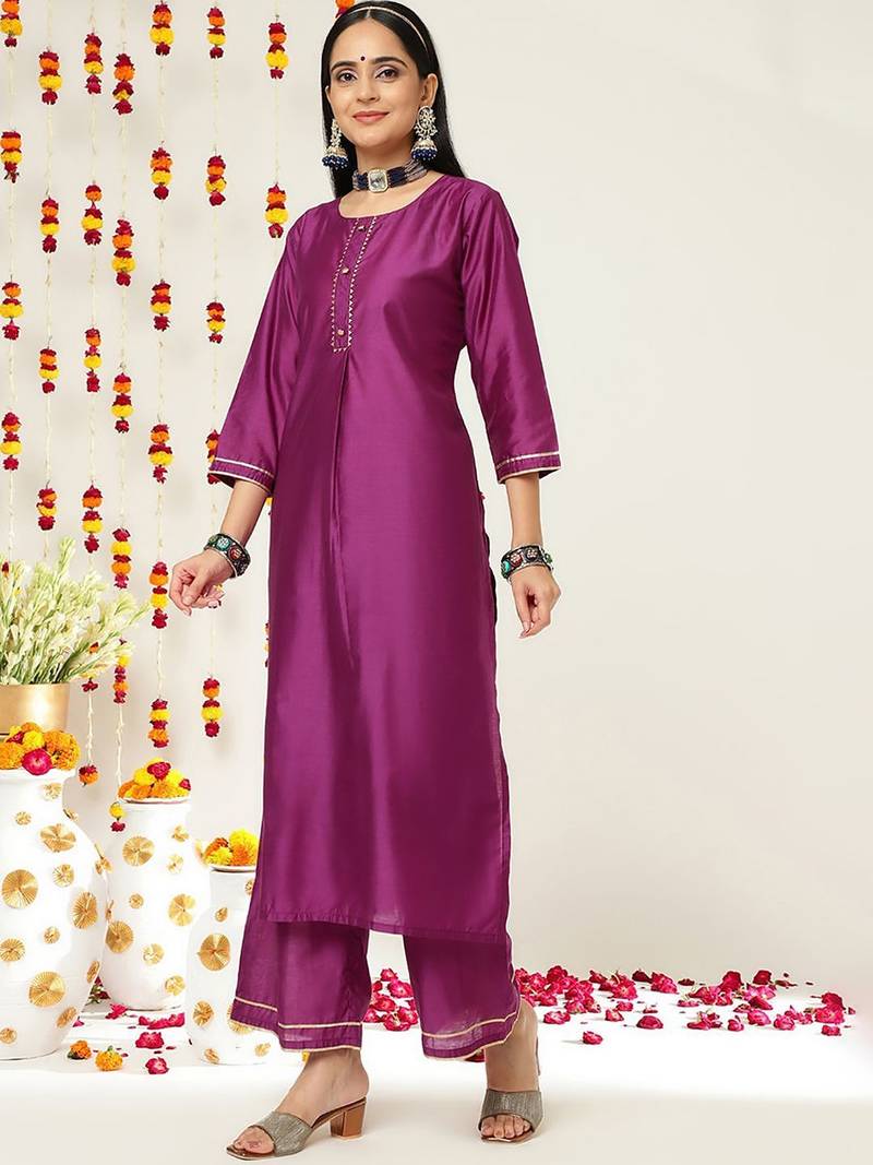 Round Neck Regular Kurta with Trousers & With Dupatta