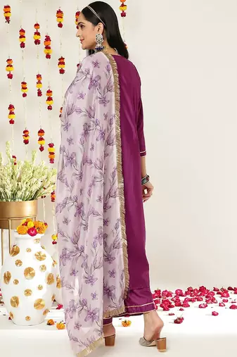Round Neck Regular Kurta with Trousers & With Dupatta