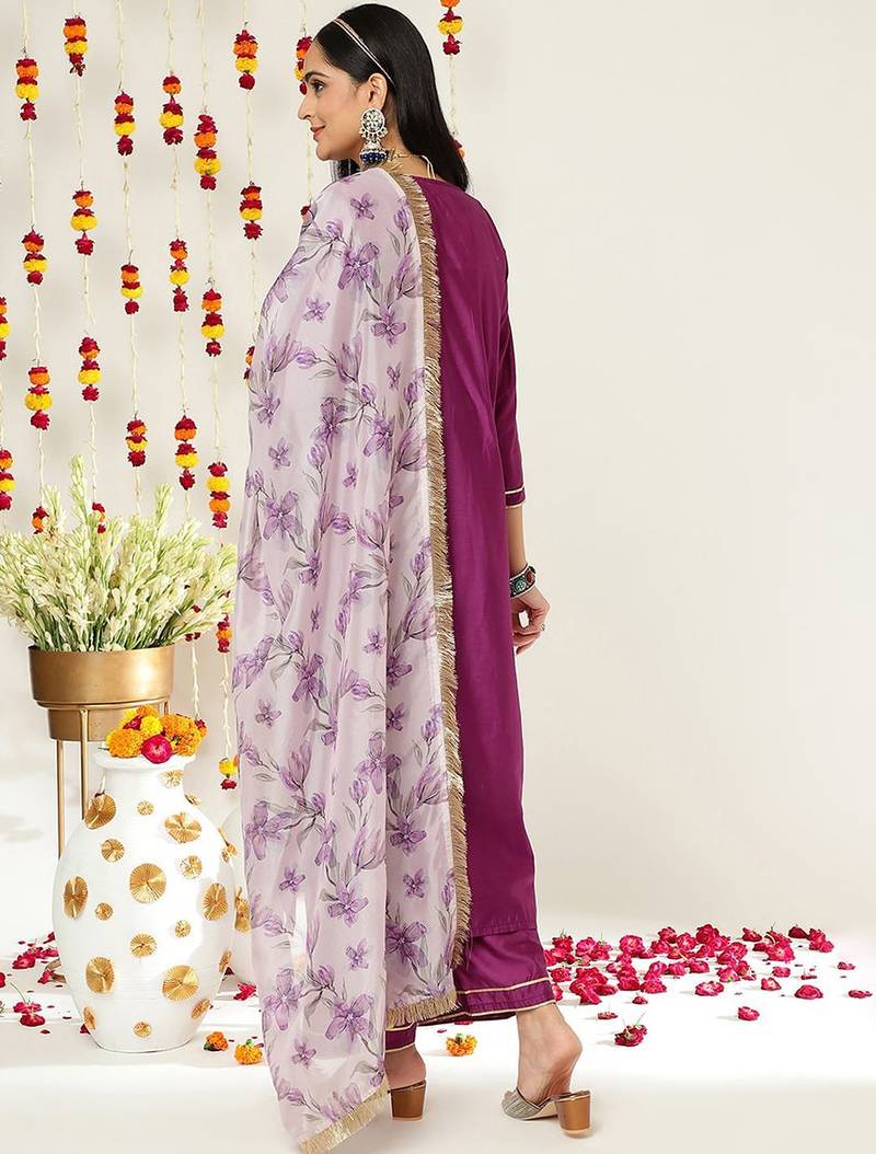 Round Neck Regular Kurta with Trousers & With Dupatta