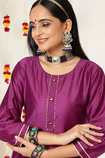 Round Neck Regular Kurta with Trousers & With Dupatta