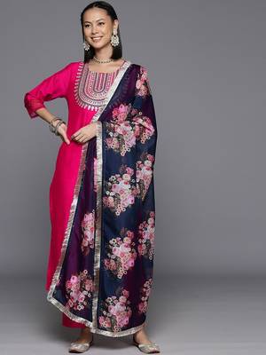 Pink Ethnic Yoke Design Regular Thread Work Kurta & Trousers With Dupatta 1