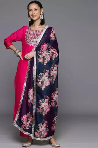 Pink Ethnic Yoke Design Regular Thread Work Kurta & Trousers With Dupatta