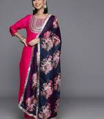 Pink Ethnic Yoke Design Regular Thread Work Kurta & Trousers With Dupatta