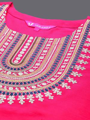 Pink Ethnic Yoke Design Regular Thread Work Kurta & Trousers With Dupatta 2