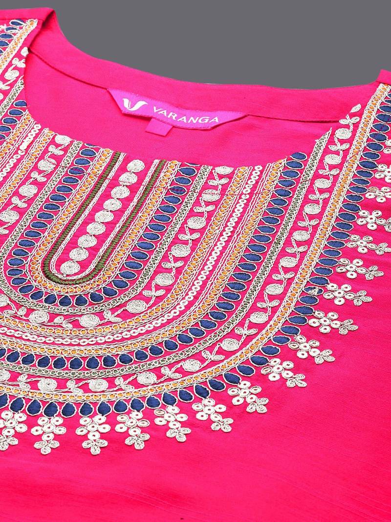 Pink Ethnic Yoke Design Regular Thread Work Kurta & Trousers With Dupatta