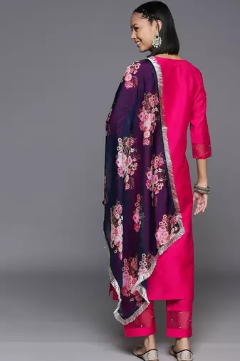 Pink Ethnic Yoke Design Regular Thread Work Kurta & Trousers With Dupatta