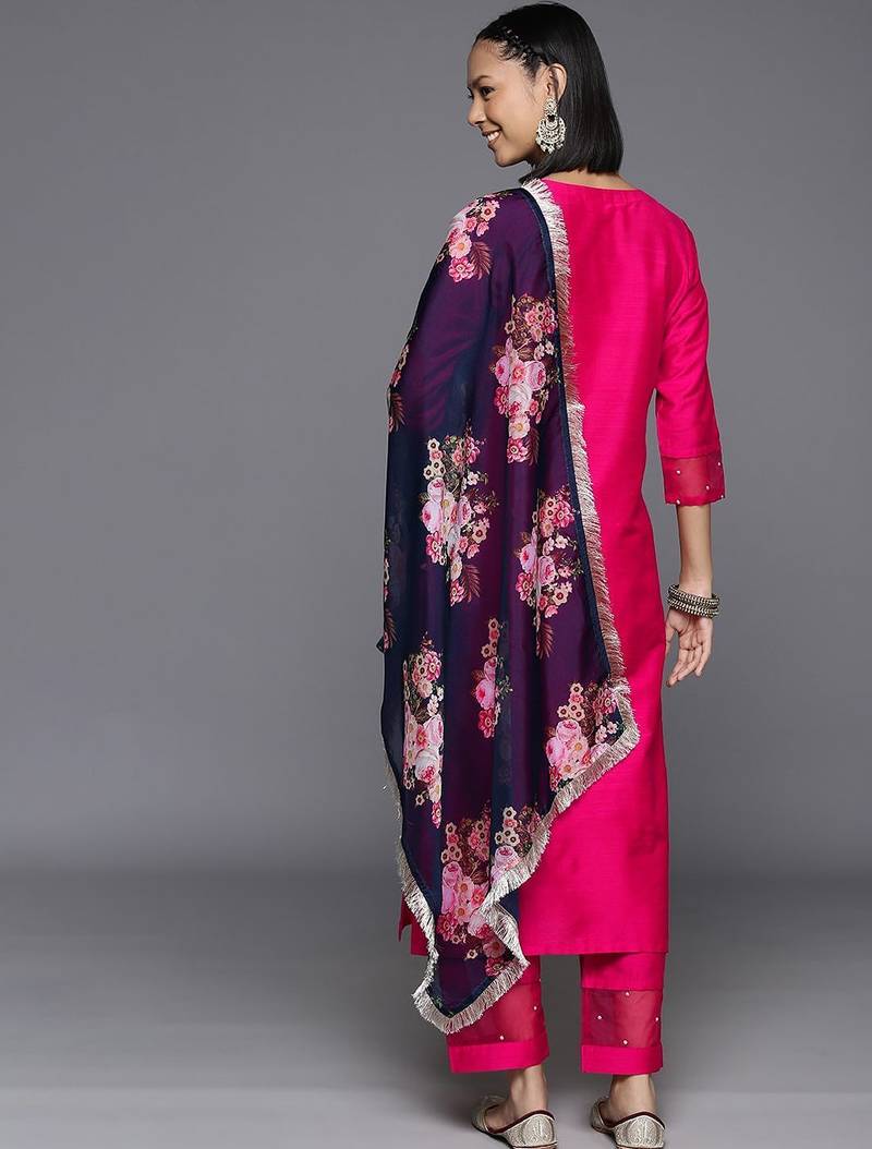 Pink Ethnic Yoke Design Regular Thread Work Kurta & Trousers With Dupatta