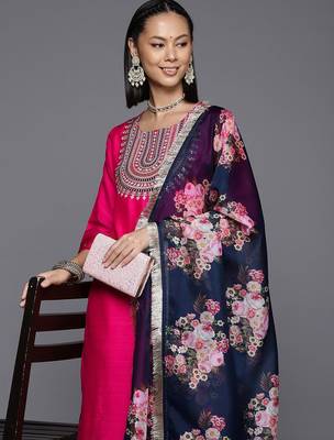 Pink Ethnic Yoke Design Regular Thread Work Kurta & Trousers With Dupatta 7